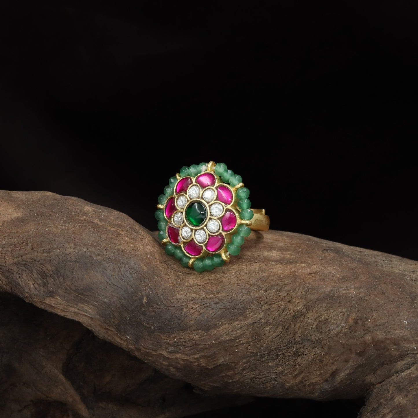 Ring Petal Jadau Finger Ring with Compact Floral Center Design