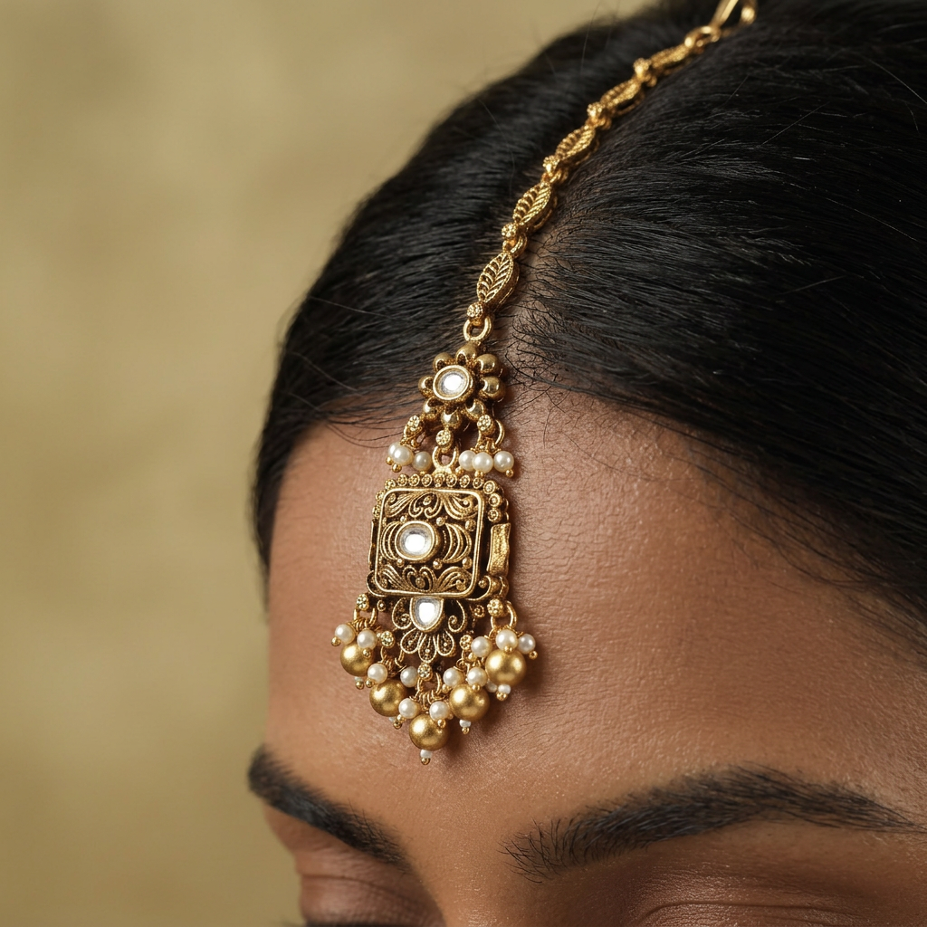 Antique Leaf Link Tikka With Ornate Pendant Fringe Detailing