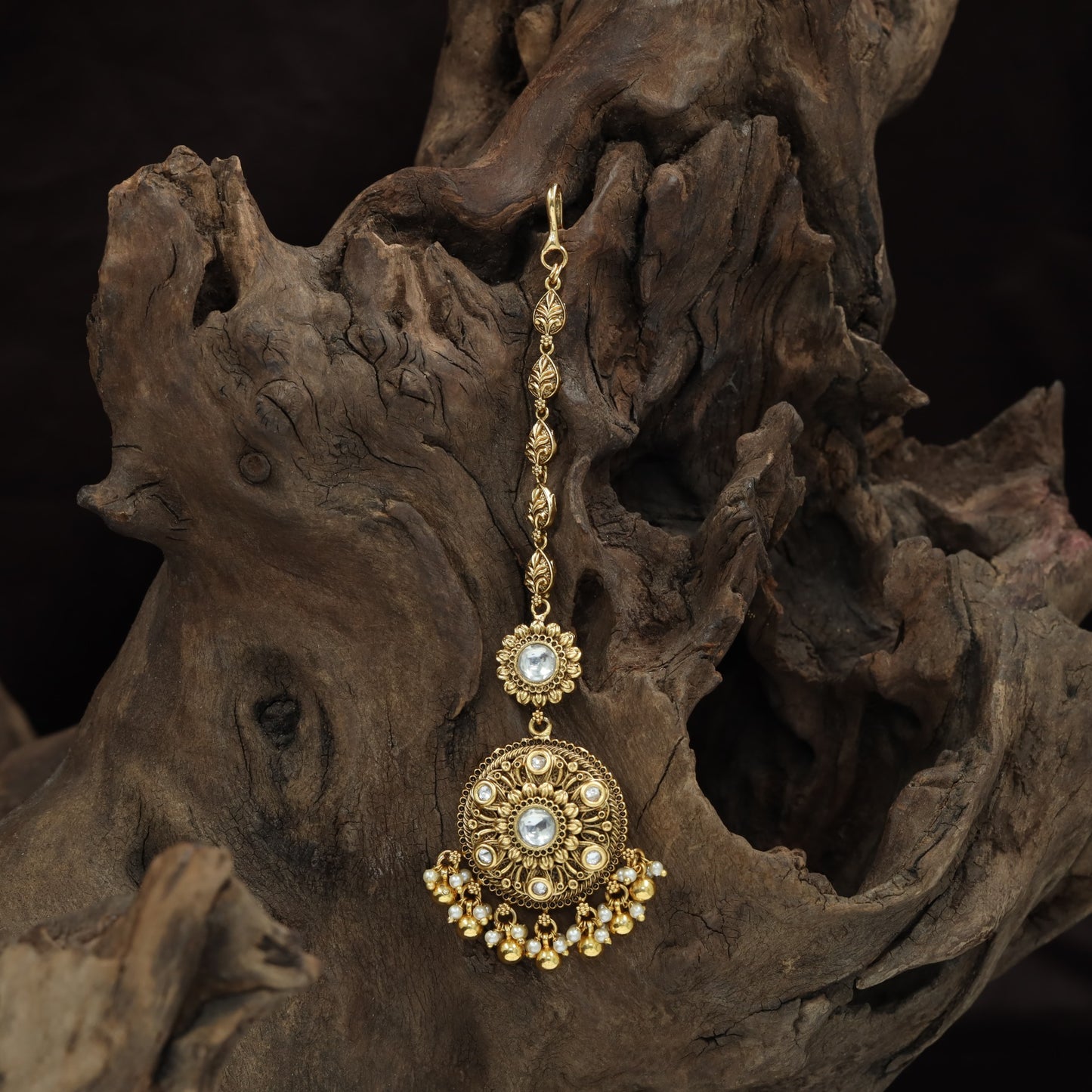 Classic Circular Border Antique Tikka With Dangling Beads
