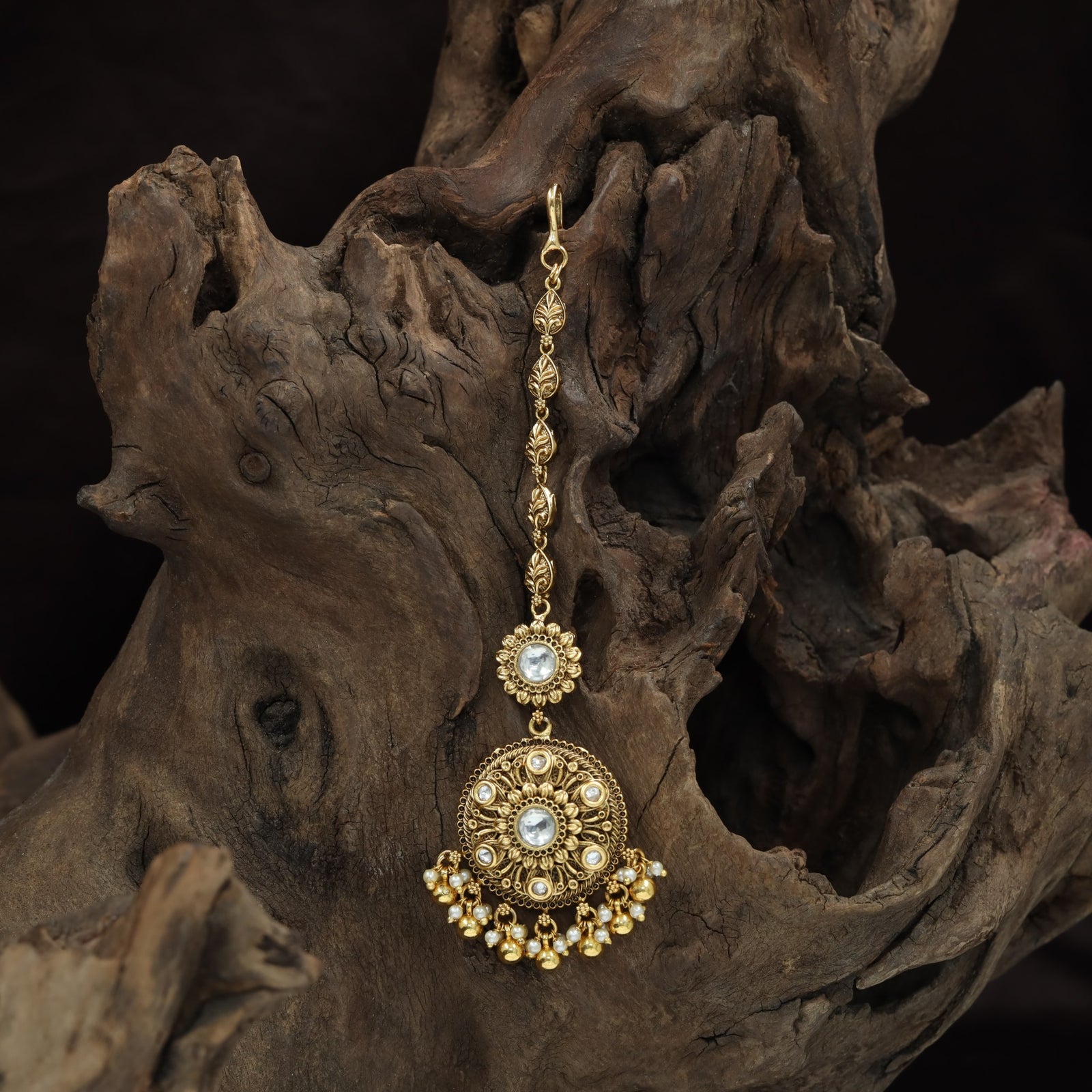 Classic Circular Border Antique Tikka With Dangling Beads