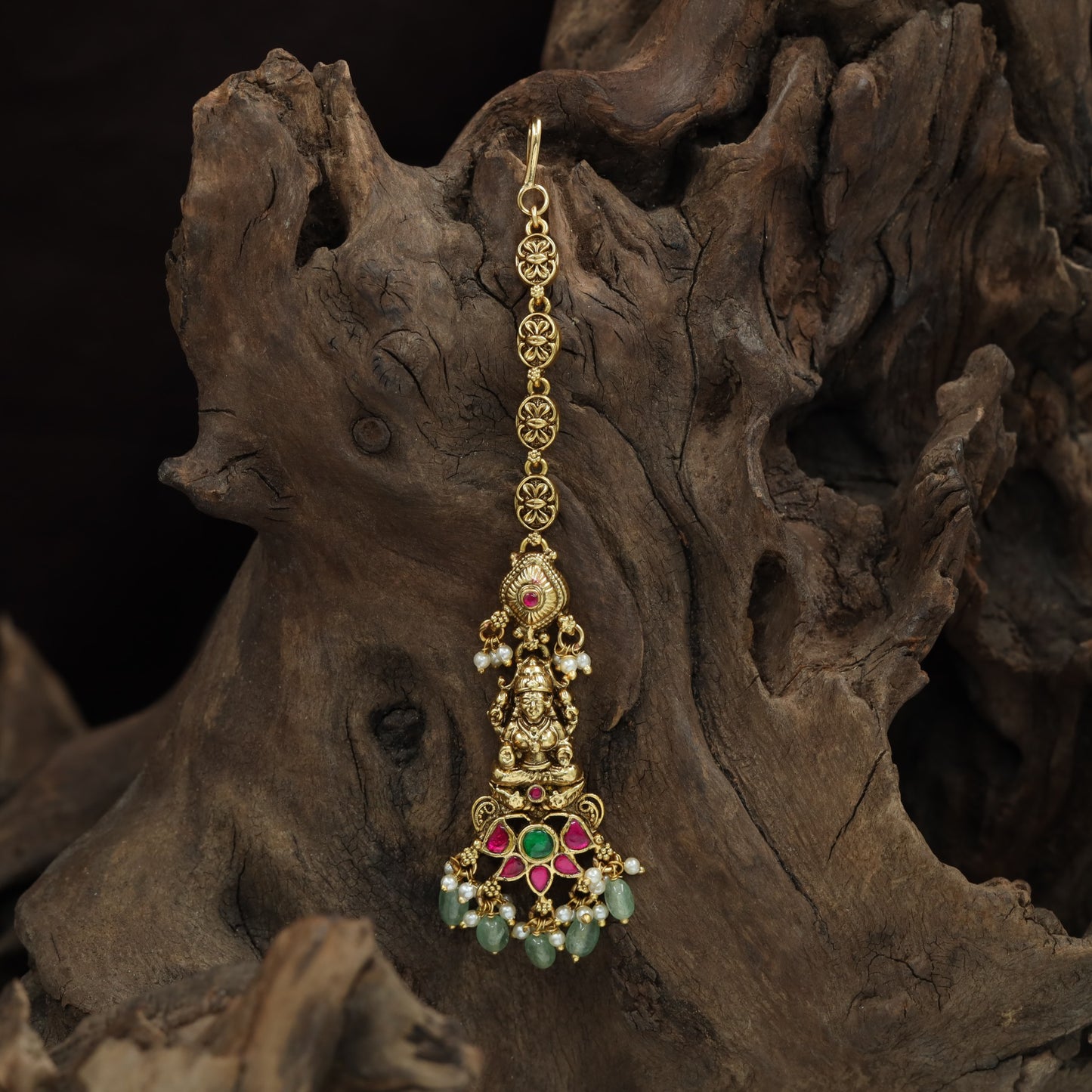 Classic Circular Border Antique Tikka With Dangling Beads