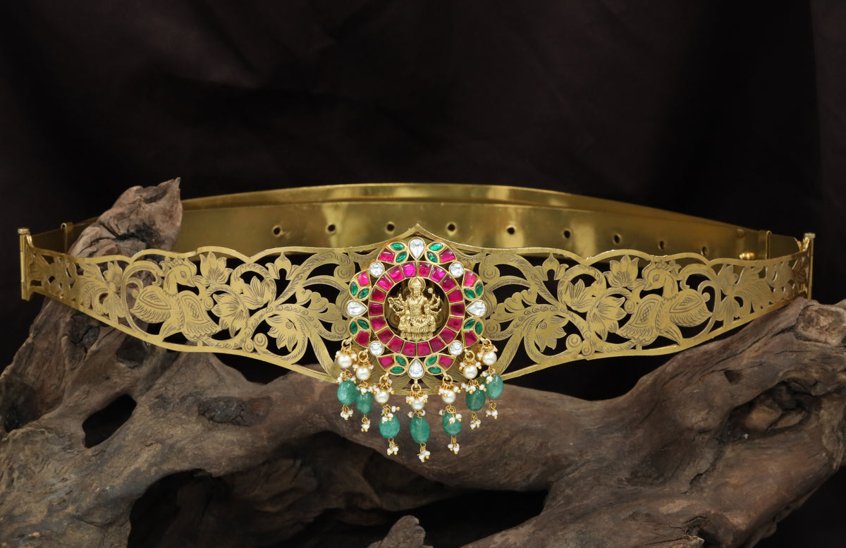 Jadau Floral Dabu with Lakshmi Center Pendant and Hanging Bead Drops
