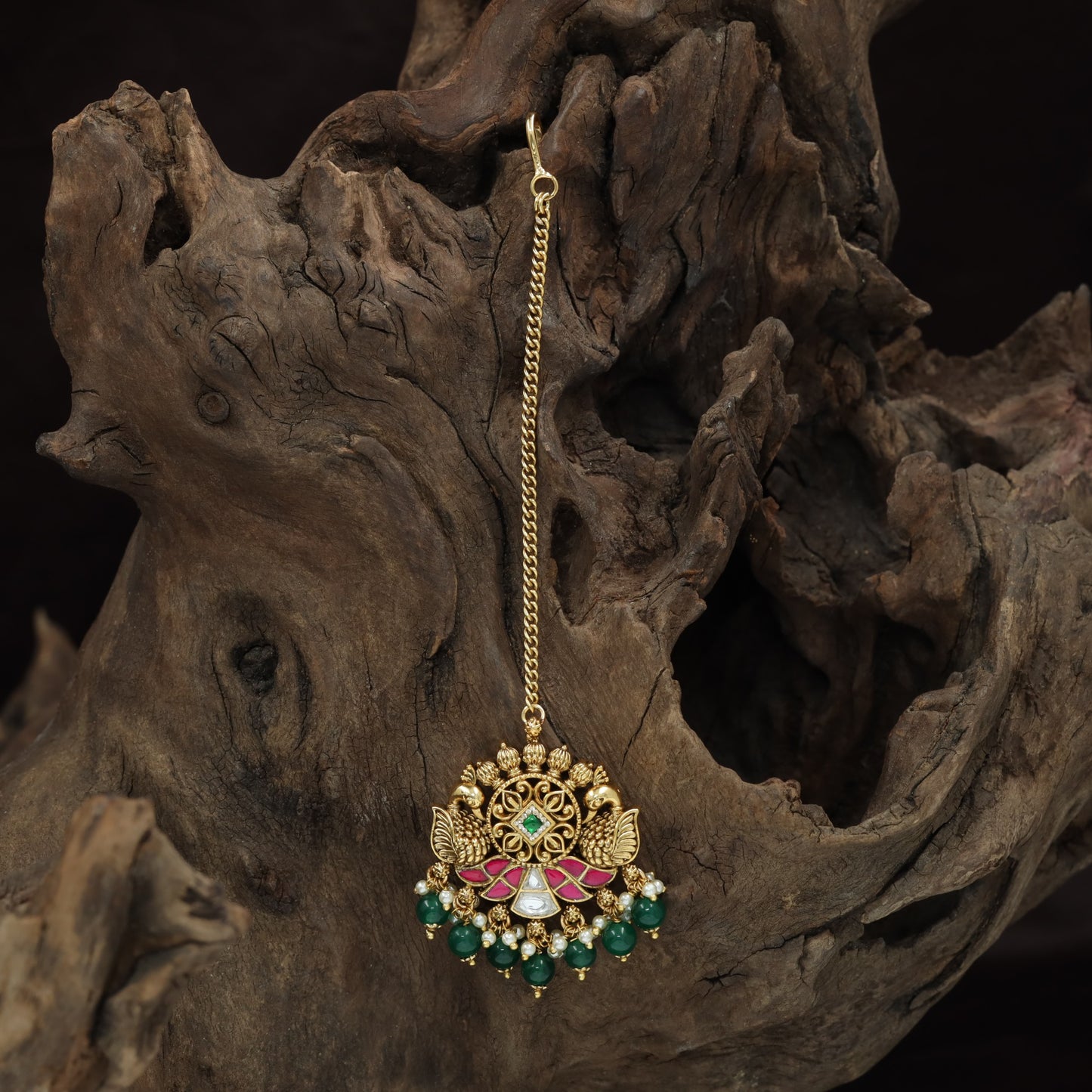 Classic Swan Border Antique Tikka With Hanging Bead Drops