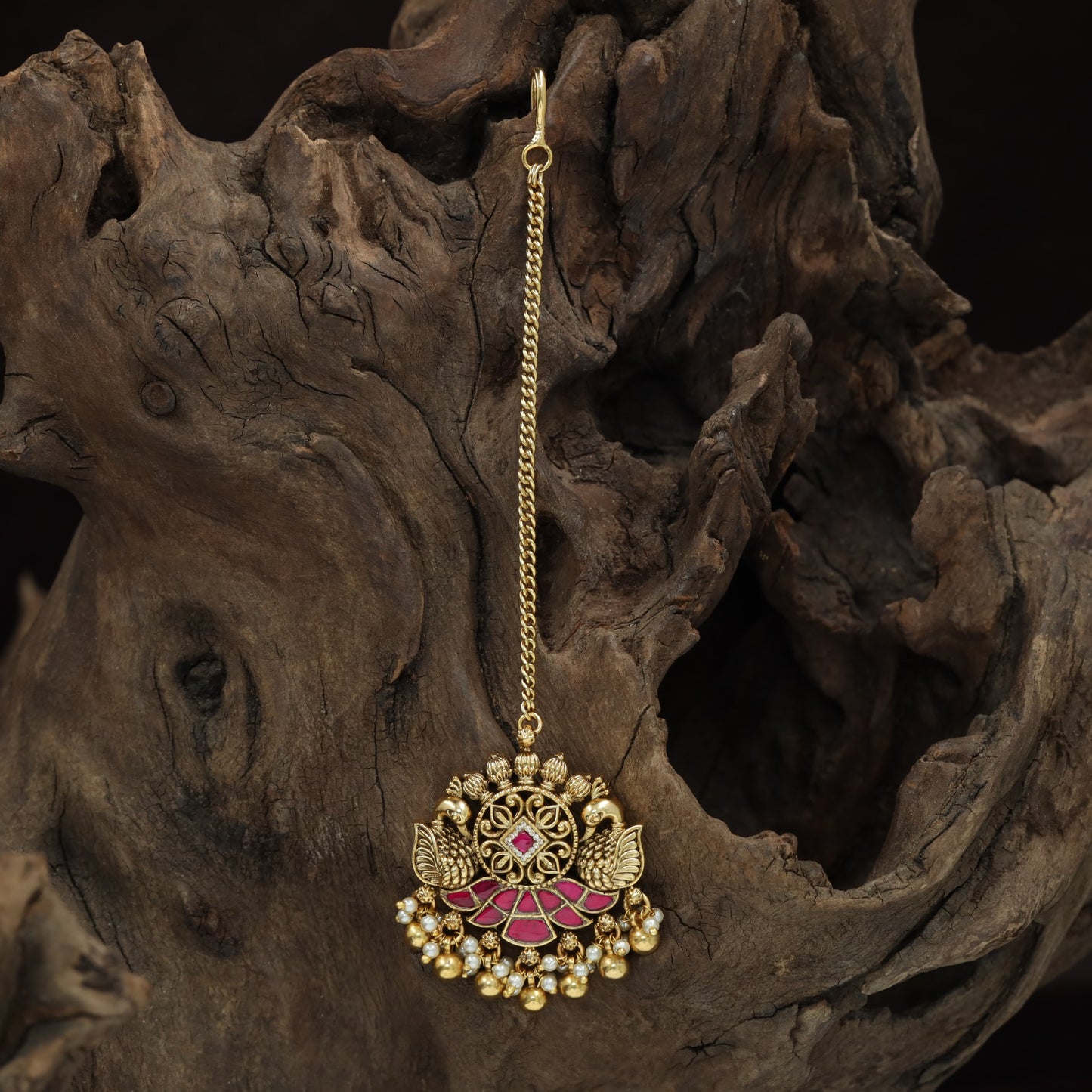 Classic Swan Border Antique Tikka With Hanging Bead Drops