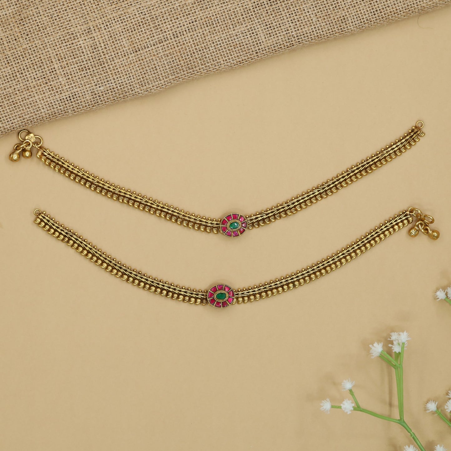 Auric Chain Jadau Payal with Floral Center Frame and Layered Rows