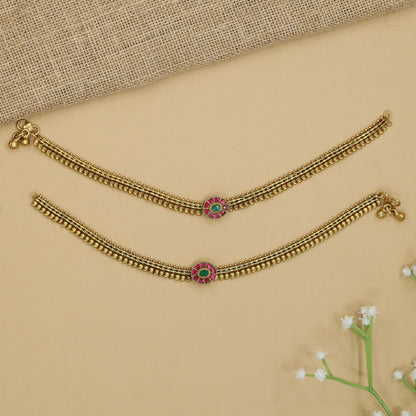 Auric Chain Jadau Payal with Floral Center Frame and Layered Rows