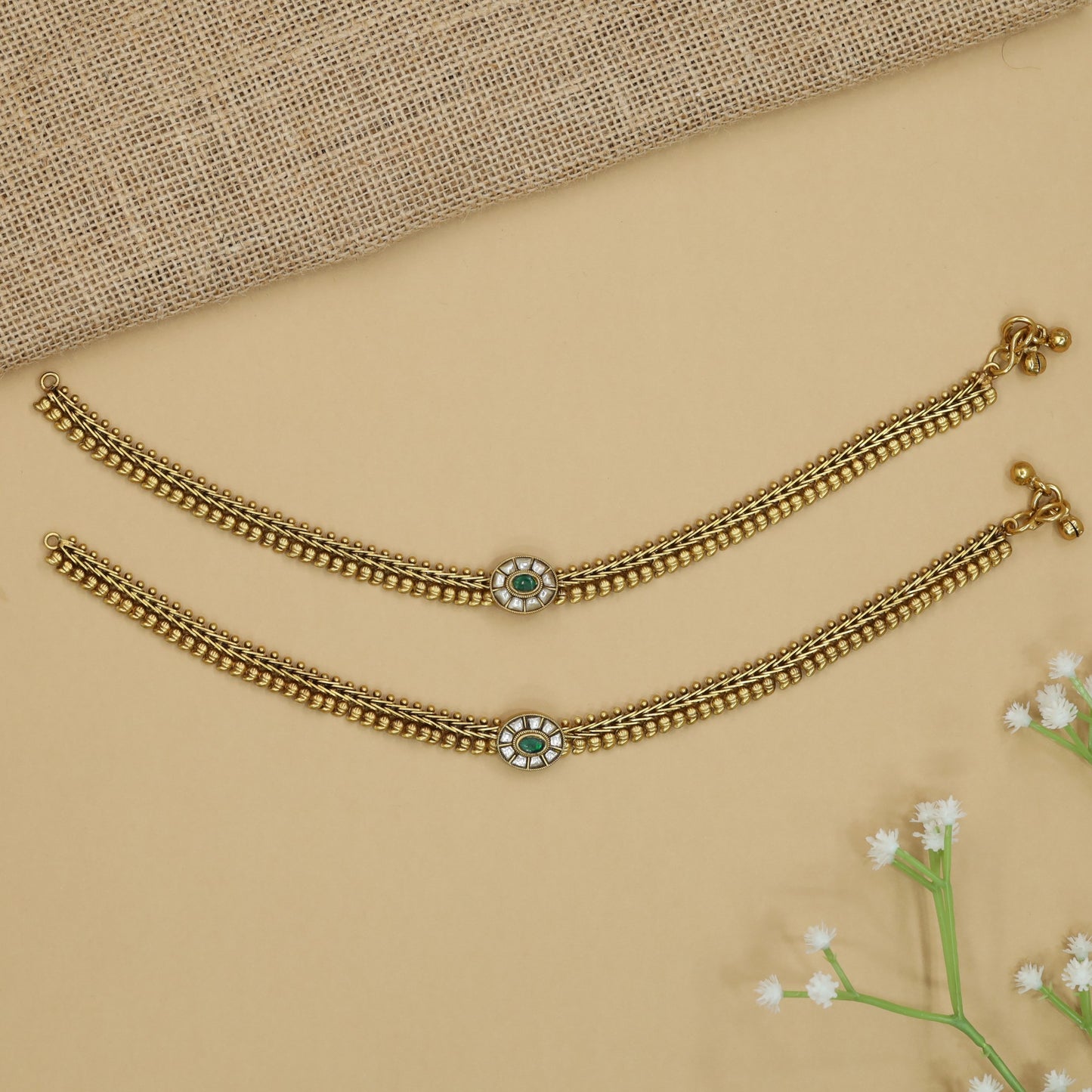 Auric Chain Jadau Payal with Floral Center Frame and Layered Rows