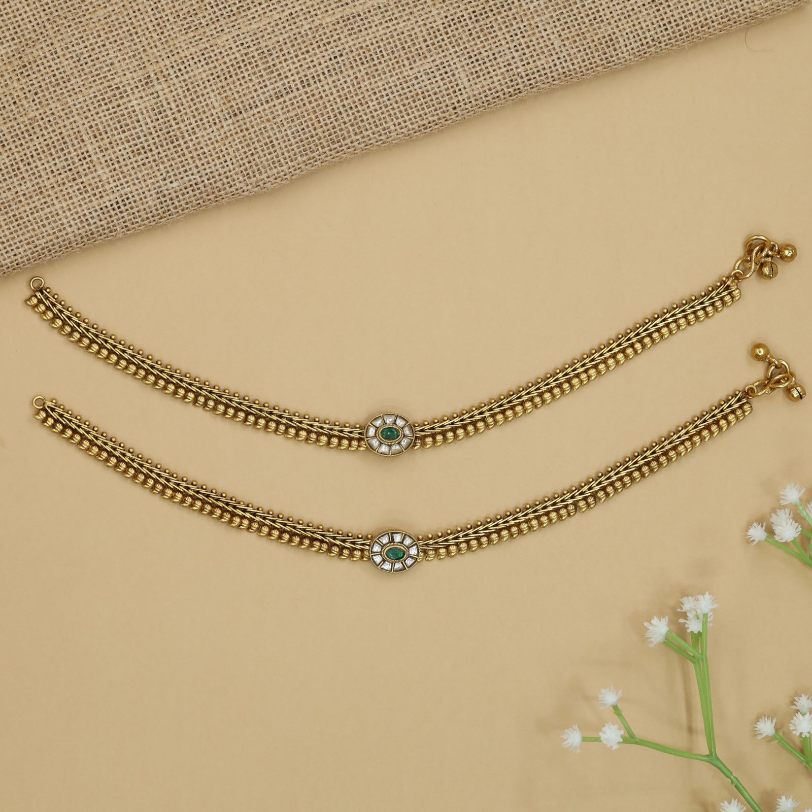 Auric Chain Jadau Payal with Floral Center Frame and Layered Rows