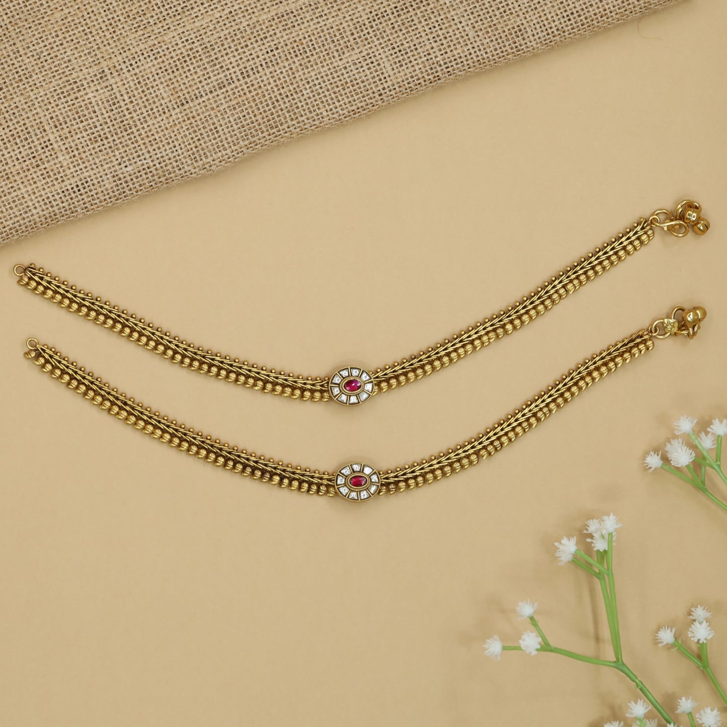 Auric Chain Jadau Payal with Floral Center Frame and Layered Rows