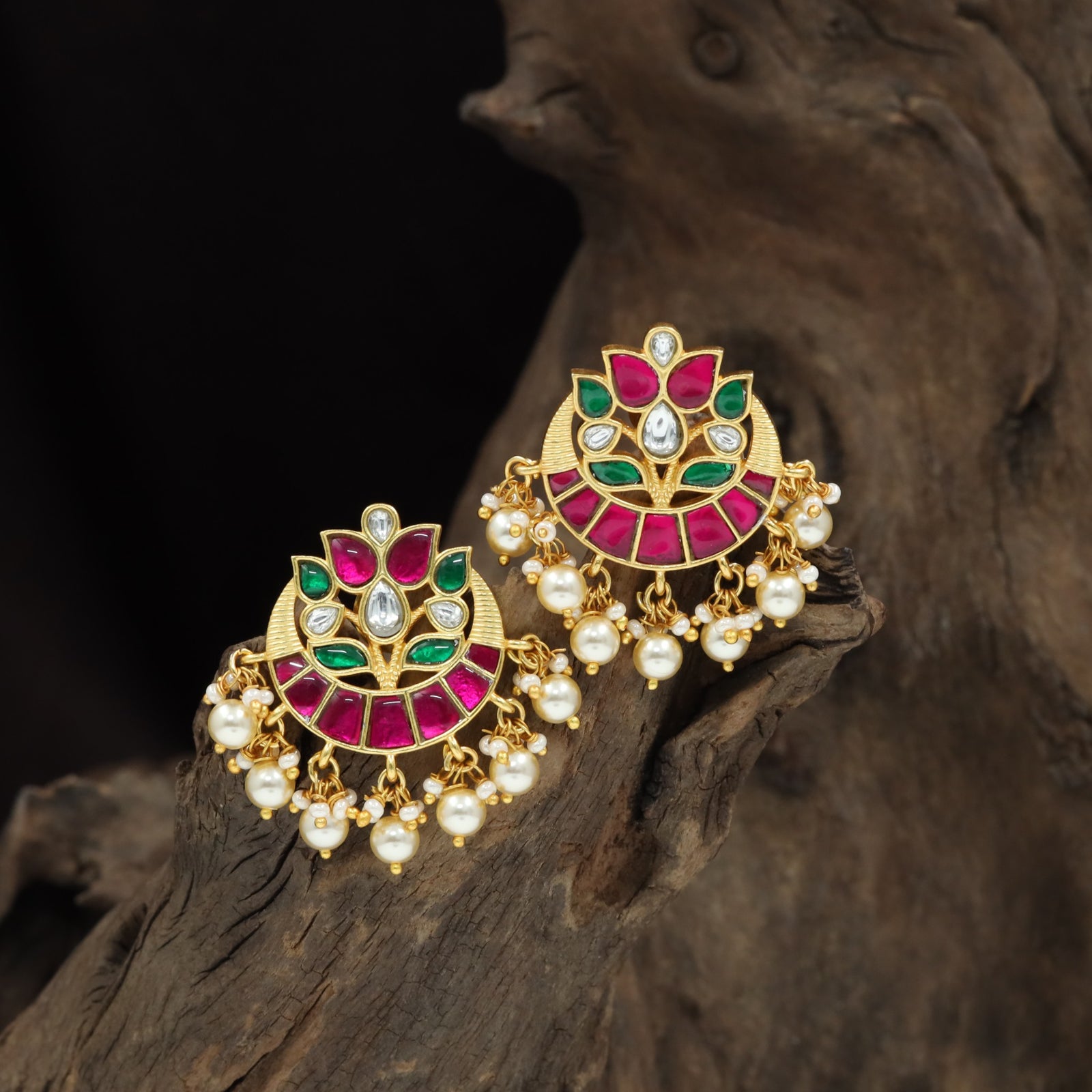 Crescent Bloom Jadau Stud with Curved Border and Dangling Pearls