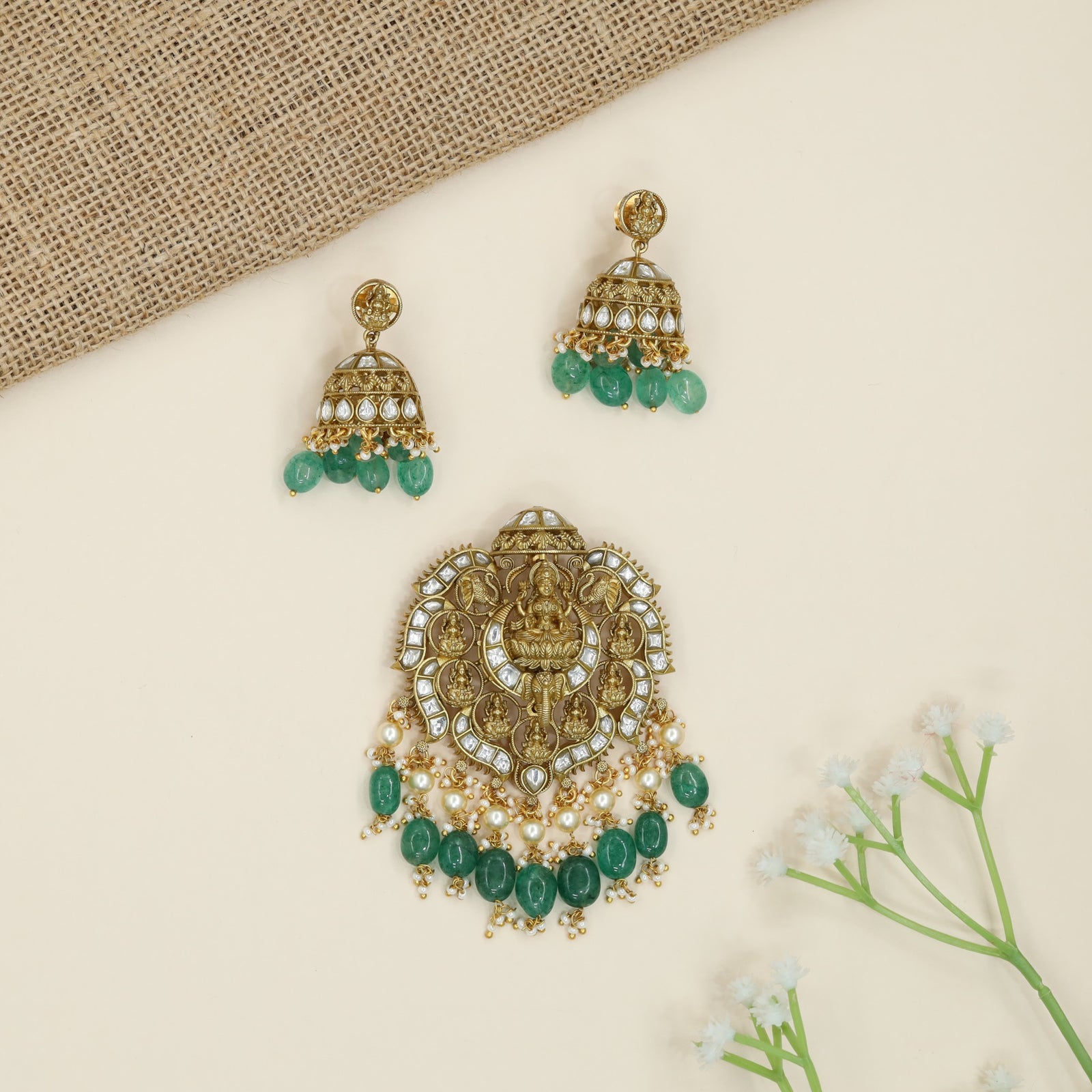 Pearl Fringe Jadau Pendant with Circular Border Work and Danglers