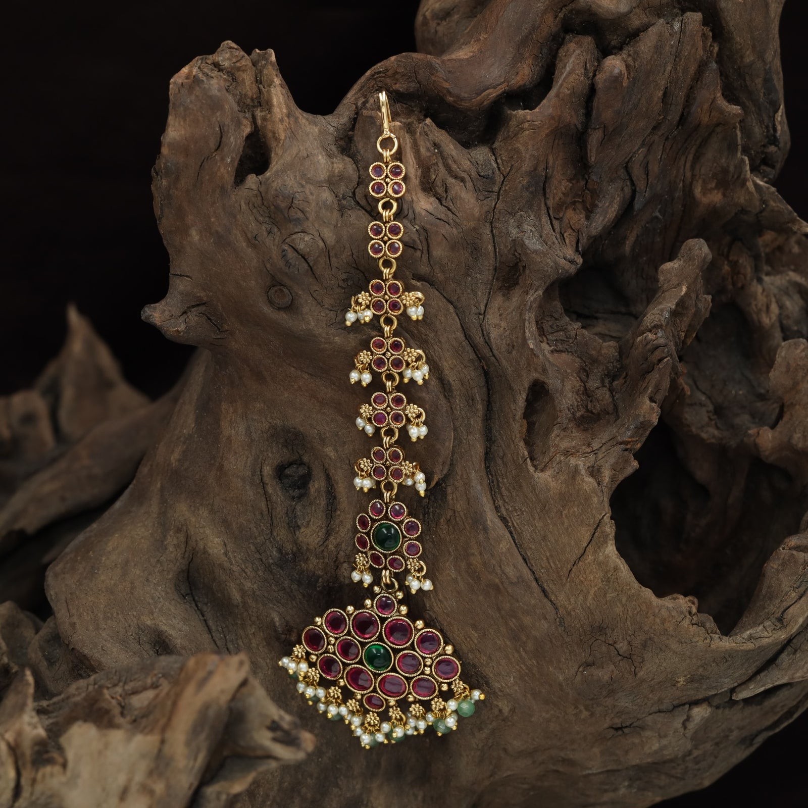 Kempu Stone Drop Pendant Tikka With Dangling Bead Accents