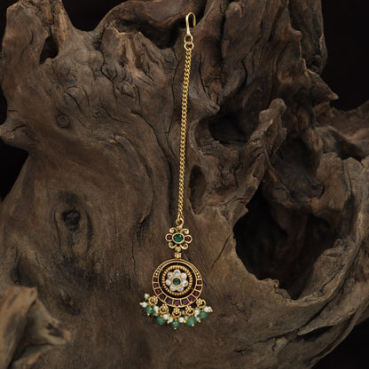 Intricate Floral Centre Antique Tikka With Hanging Drops