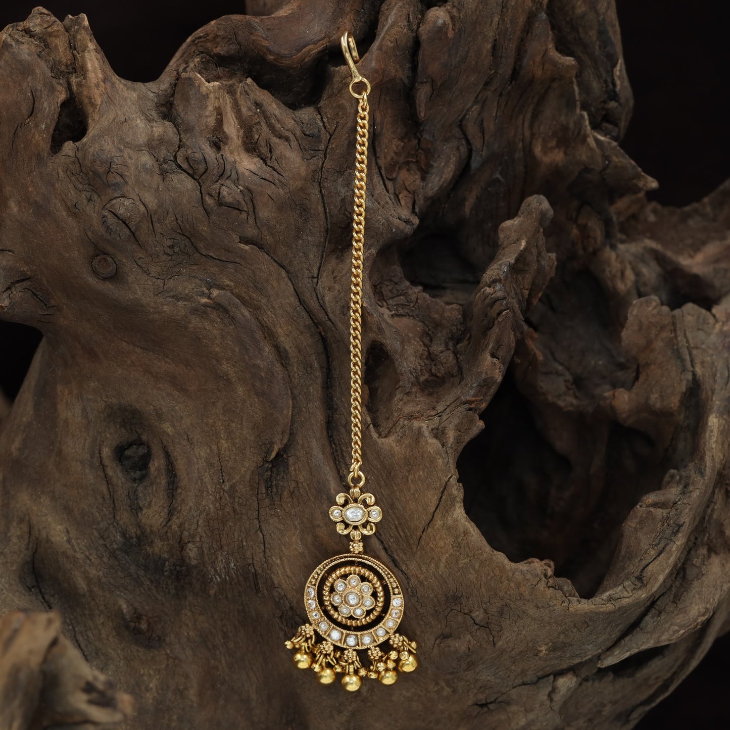 Intricate Floral Centre Antique Tikka With Hanging Drops