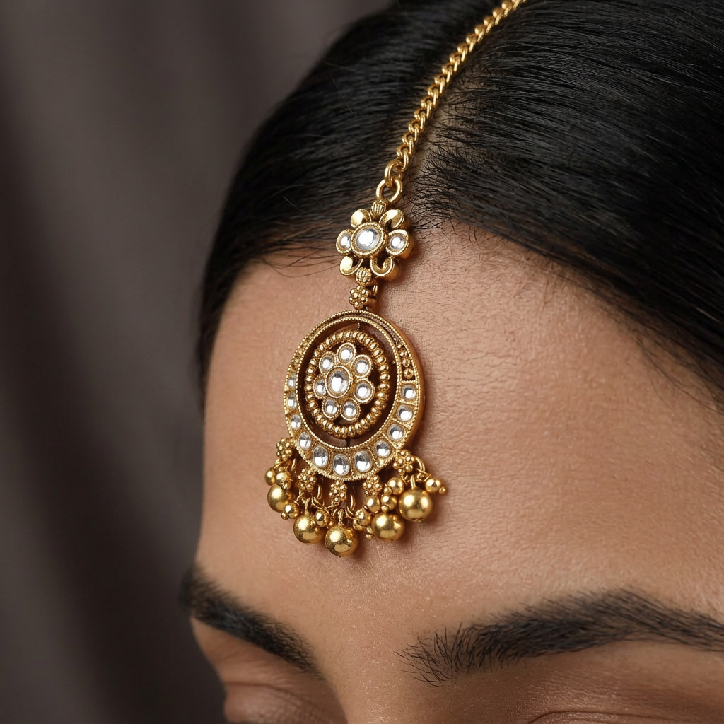 Intricate Floral Centre Antique Tikka With Hanging Drops