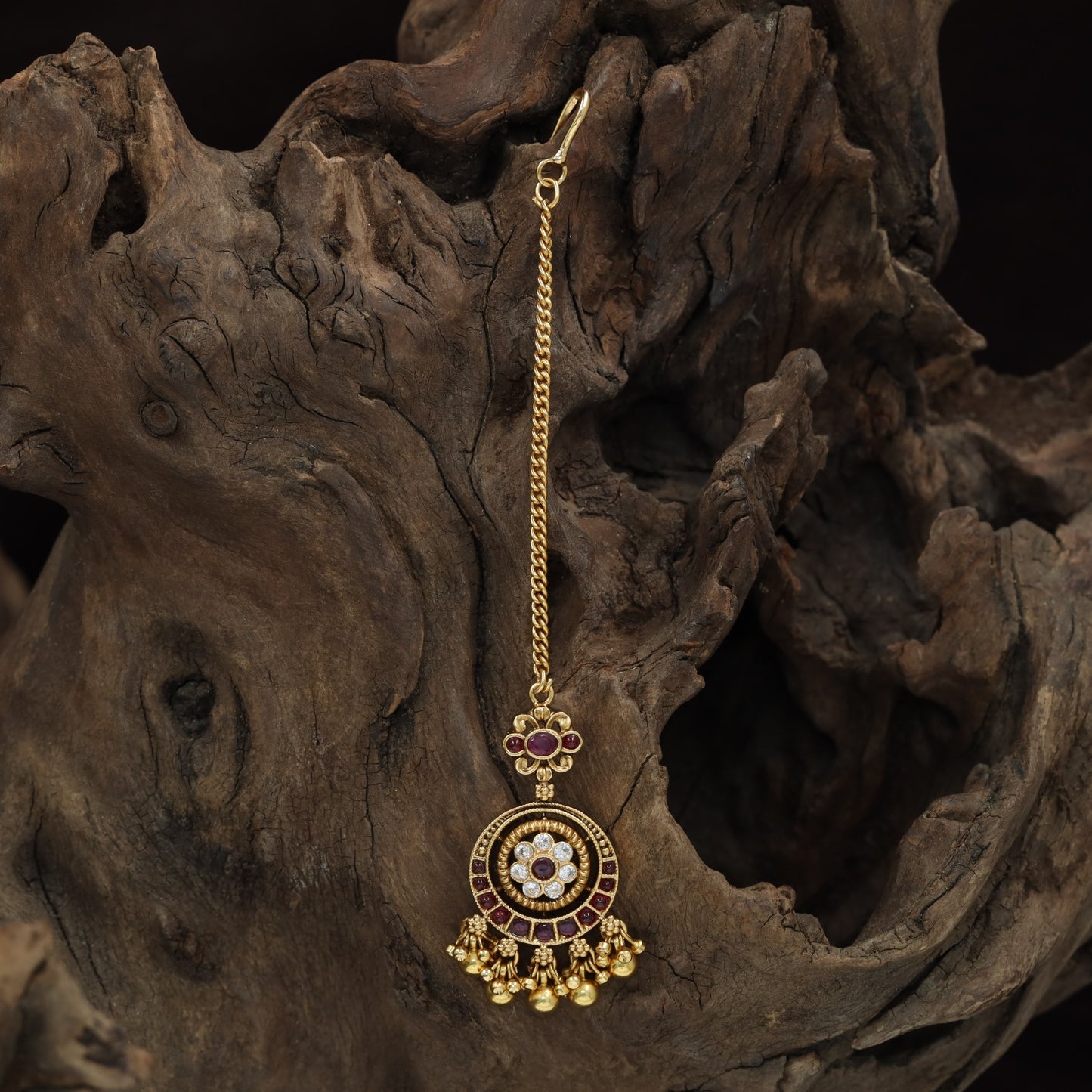 Intricate Floral Centre Antique Tikka With Hanging Drops