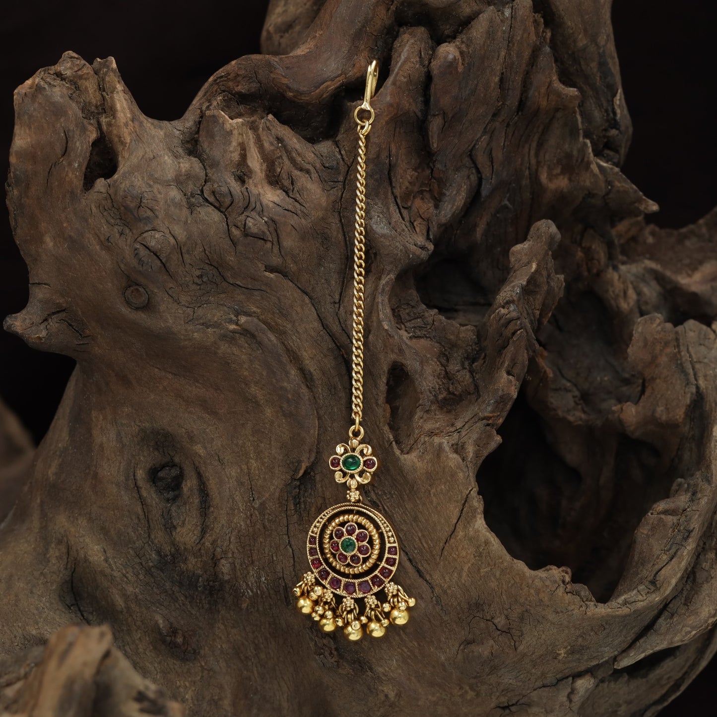 Intricate Floral Centre Antique Tikka With Hanging Drops
