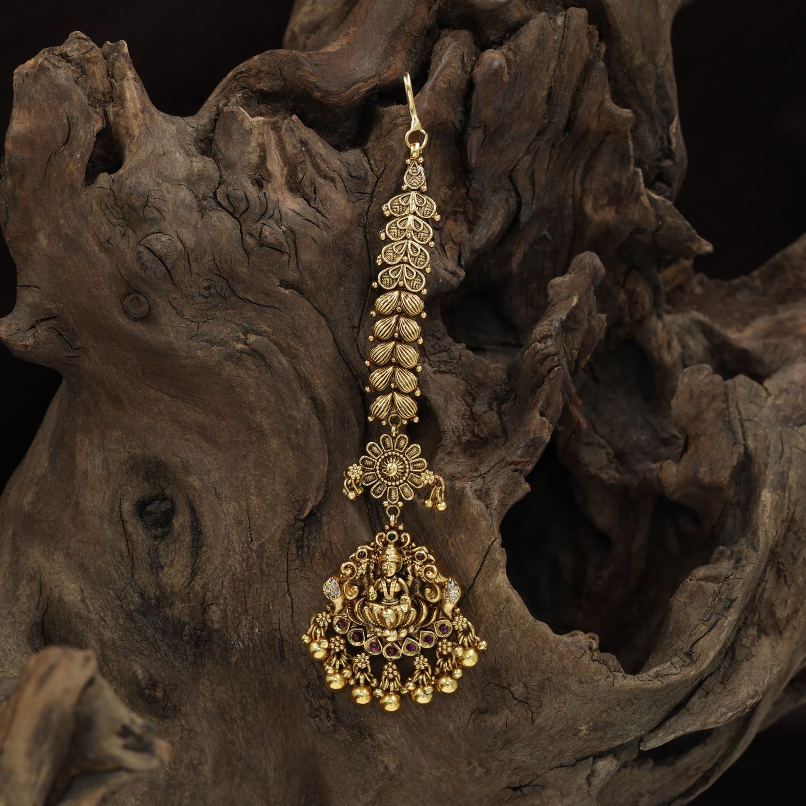 Antique Pendant Tikka With Lakshmi Figure And Fringe Styling