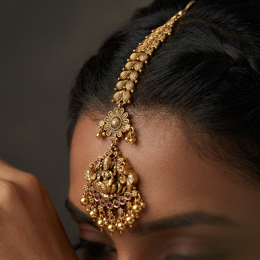 Antique Pendant Tikka With Lakshmi Figure And Fringe Styling