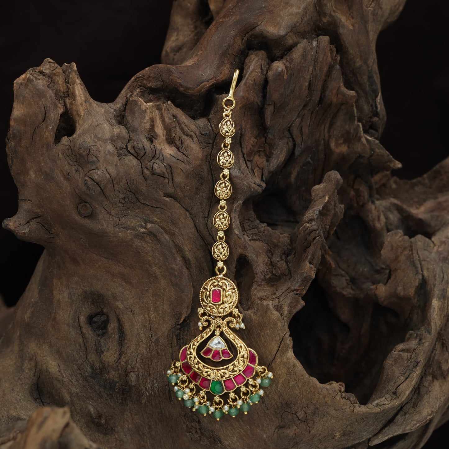 Classic Arch Border Antique Tikka With Hanging Bead Drops