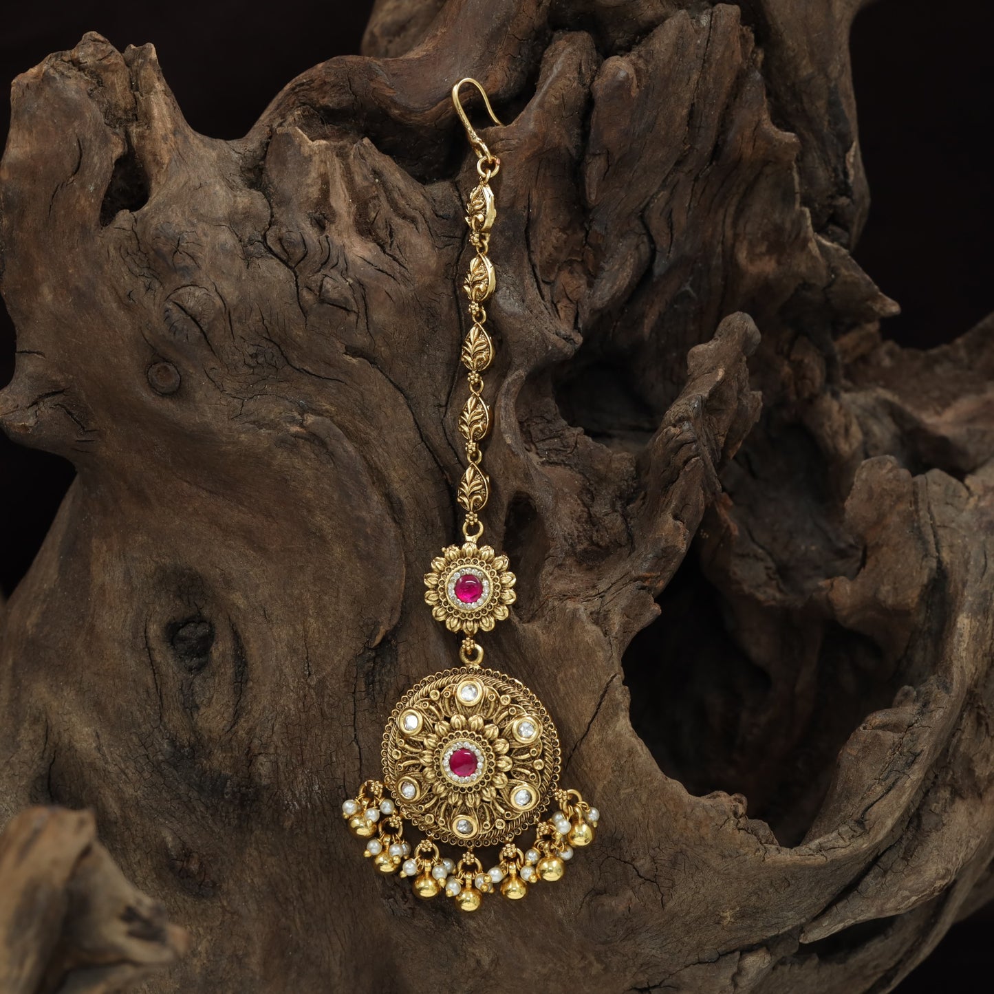 Classic Floral Pendant Antique Tikka With Hanging Pearl Drops