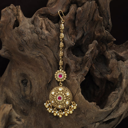 Classic Floral Pendant Antique Tikka With Hanging Pearl Drops