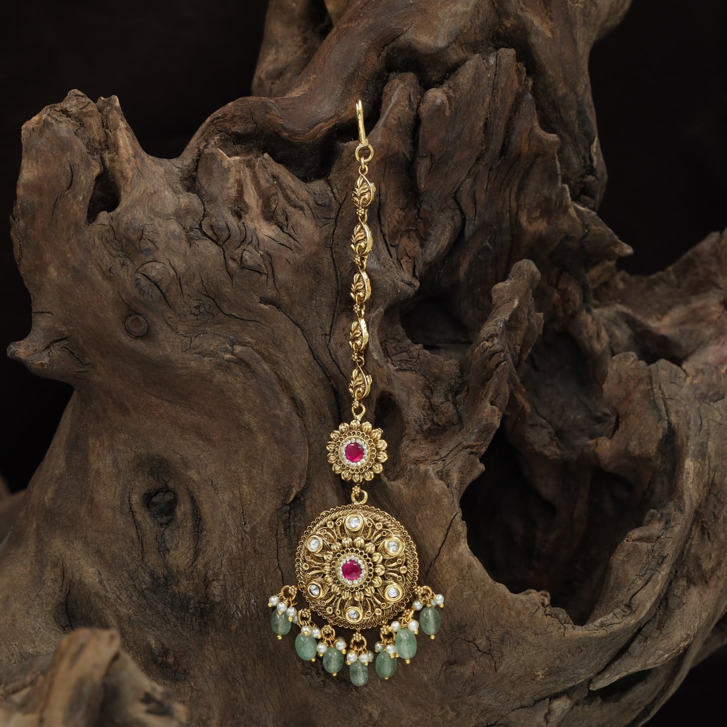 Classic Floral Pendant Antique Tikka With Hanging Pearl Drops
