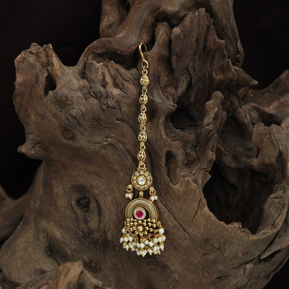 Antique Circular Pendant Tikka With Pearl Fringe Detailing
