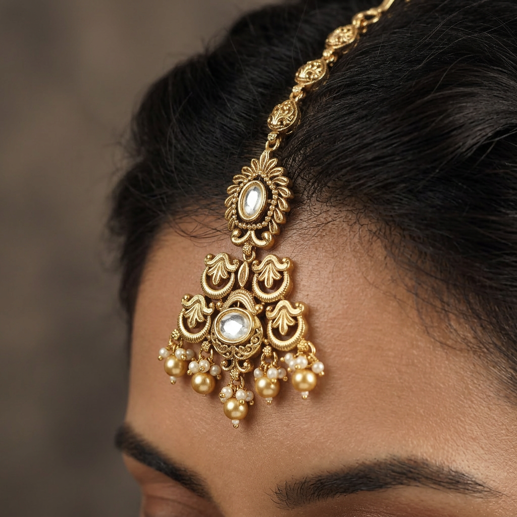 Premium Floral Border Antique Tikka With Ornamental Pearl Fringe
