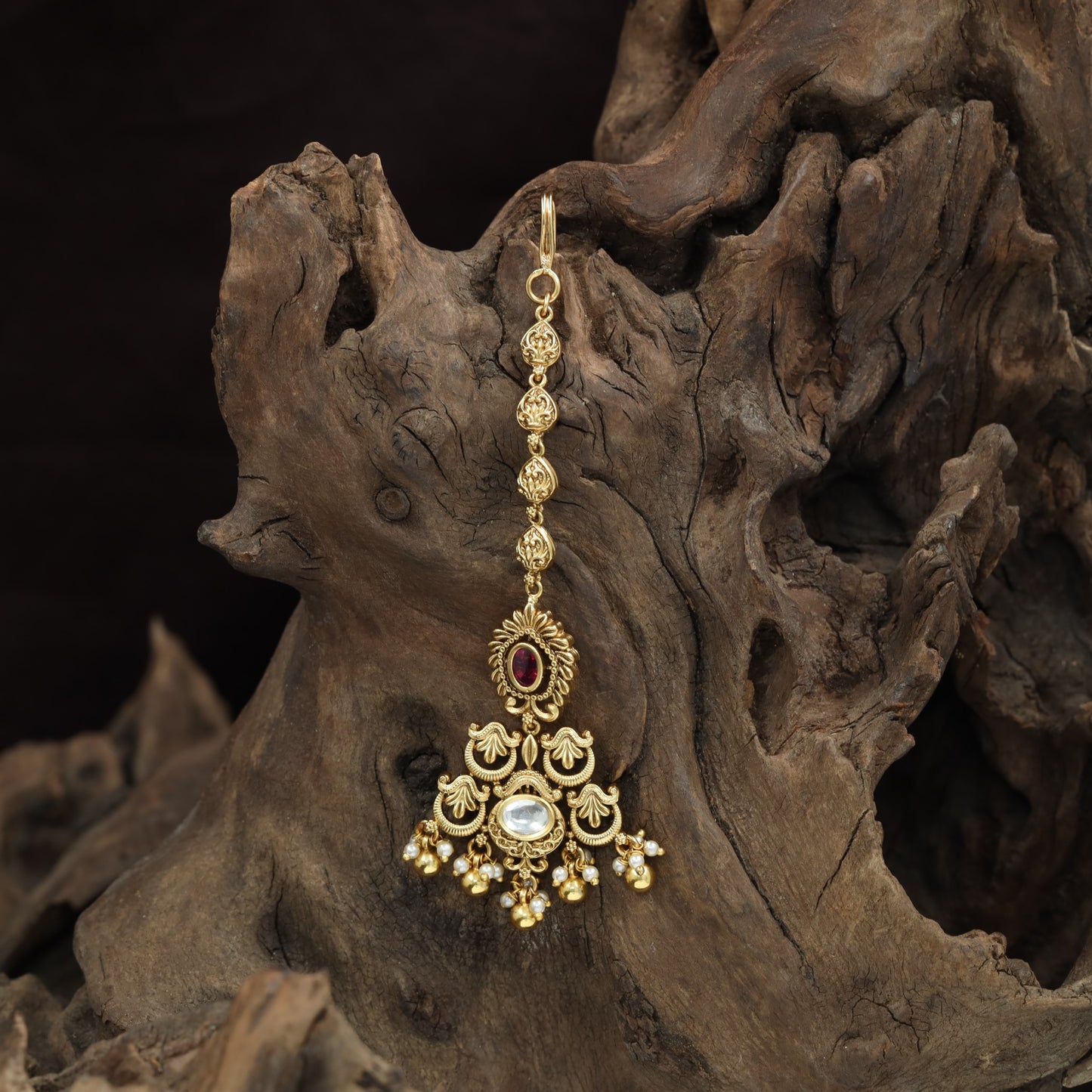 Premium Floral Border Antique Tikka With Ornamental Pearl Fringe