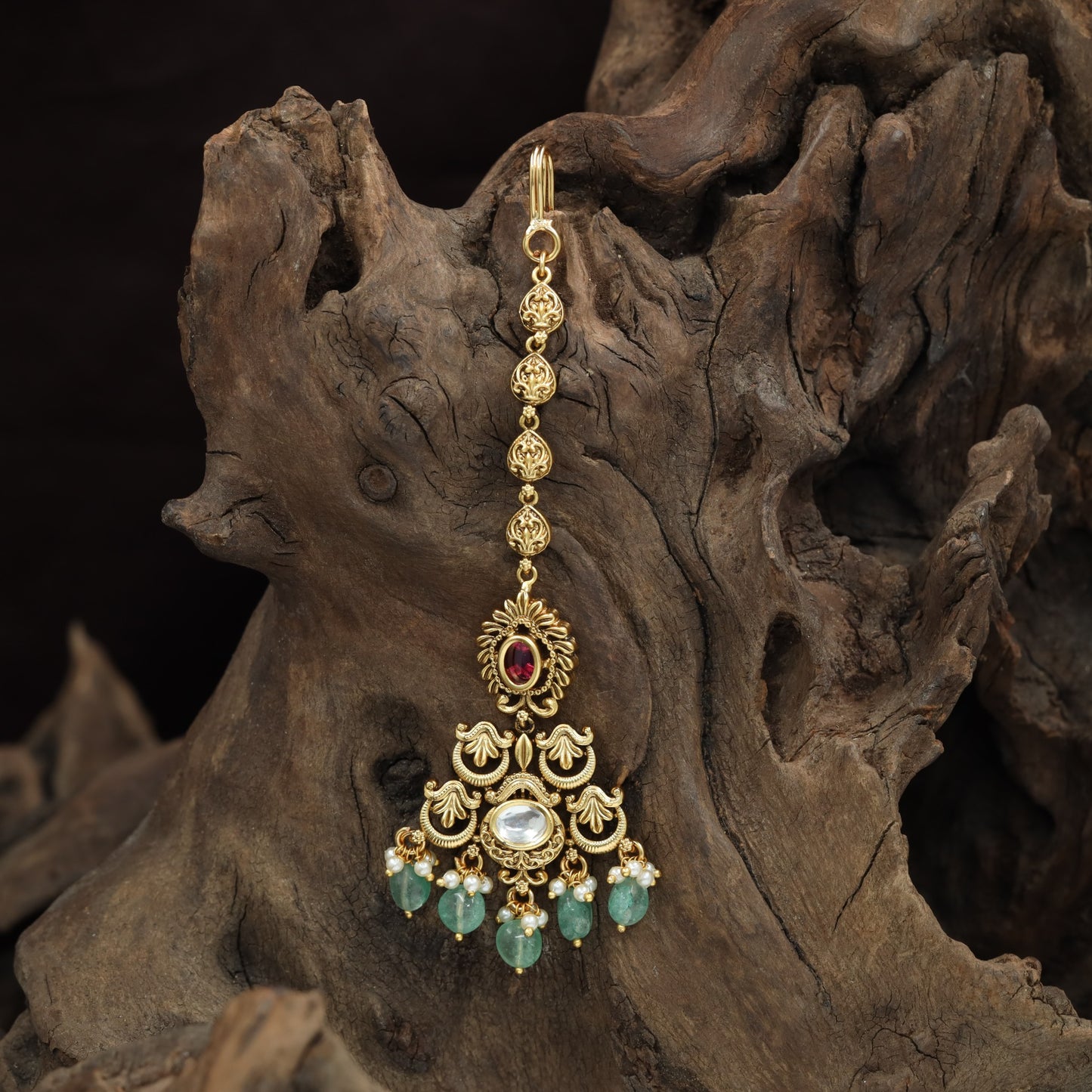 Premium Floral Border Antique Tikka With Ornamental Pearl Fringe