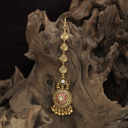Luxury Circular Floral Antique Tikka With Cascading Drop Accents