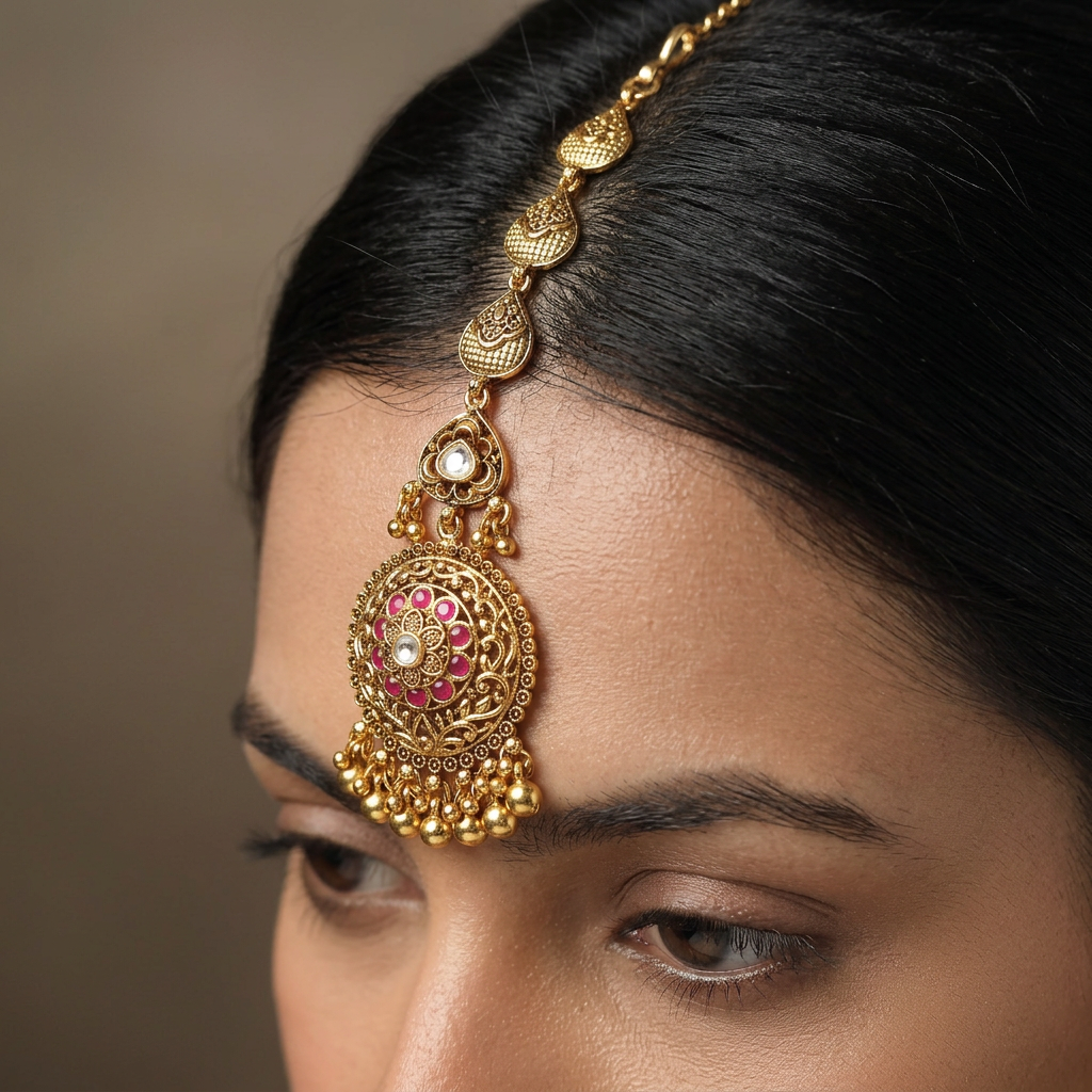 Luxury Circular Floral Antique Tikka With Cascading Drop Accents