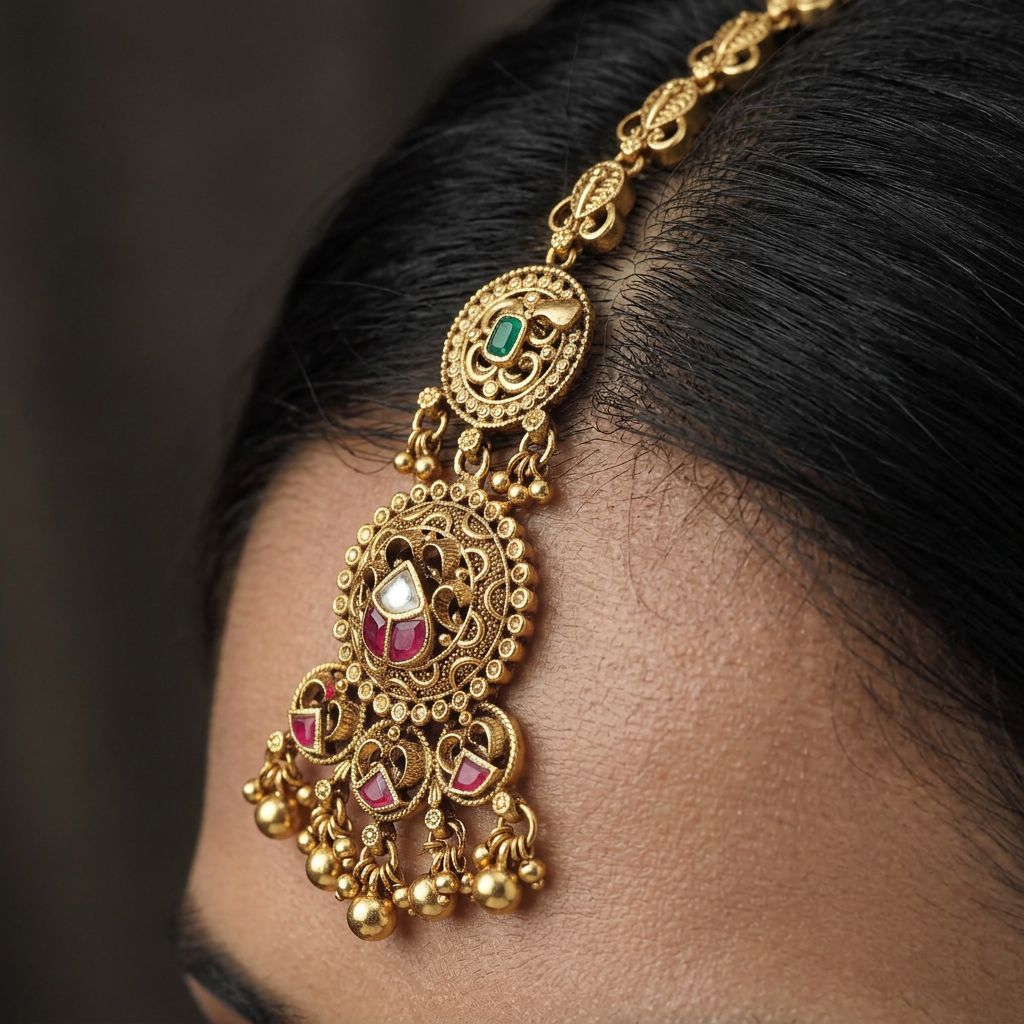 Vintage Circular Pendant Antique Tikka With Hanging Cluster Accents