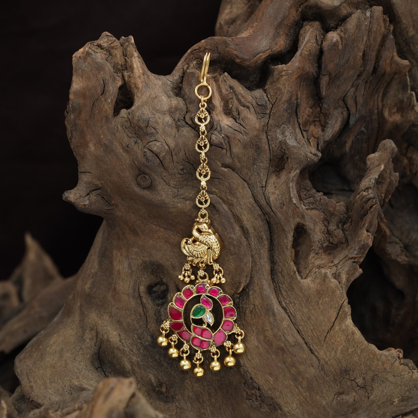 Luxury Peacock Centre Antique Tikka With Cascading Drop Elements