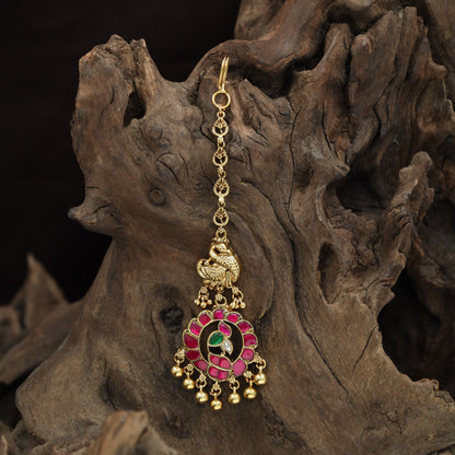 Luxury Peacock Centre Antique Tikka With Cascading Drop Elements