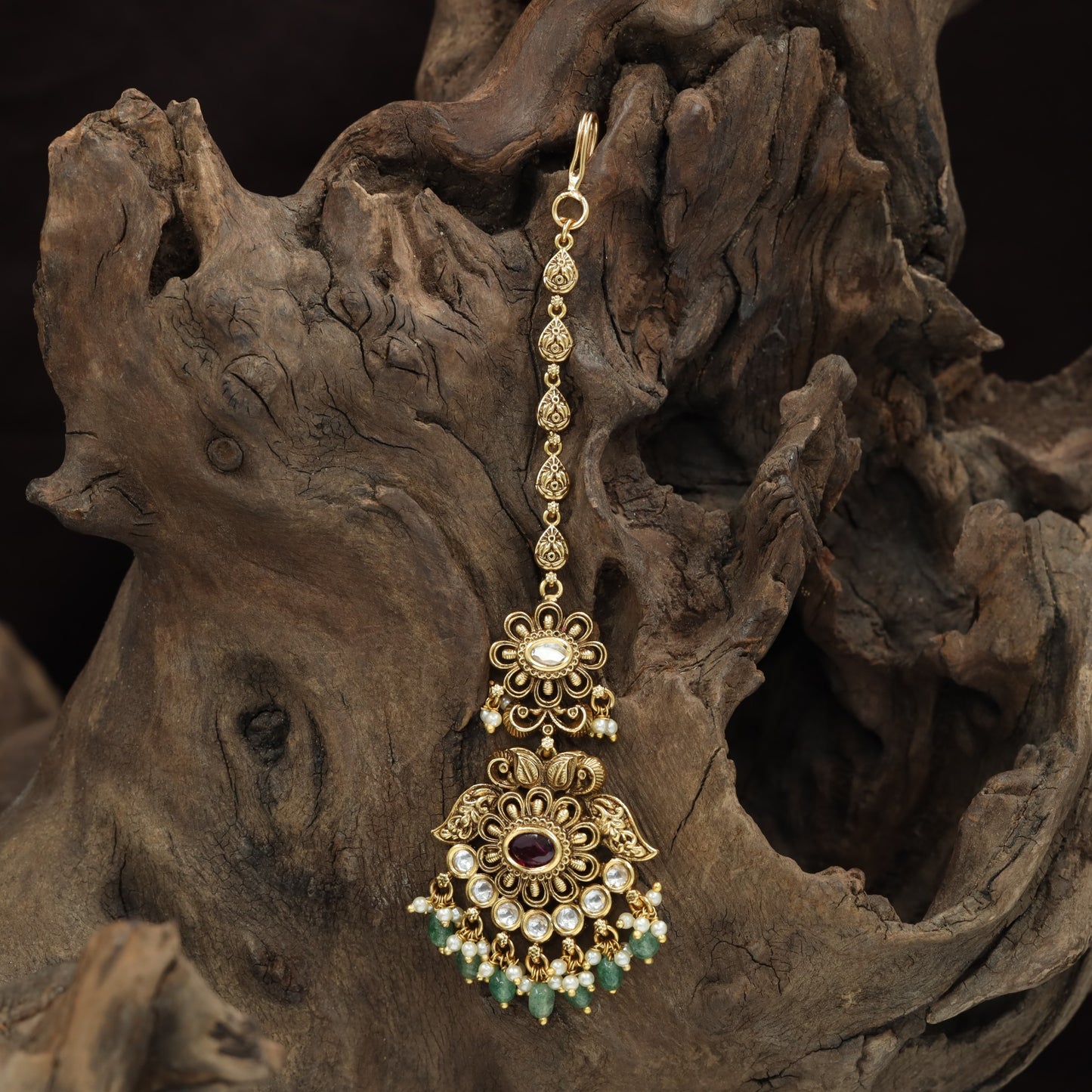 Handcrafted Twin Floral Pendant Antique Tikka With Pearl Drop Detailing