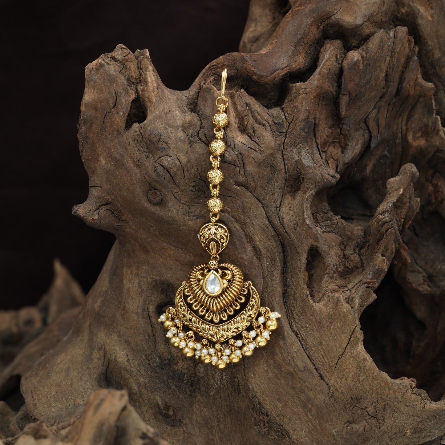 Bridal Floral Chain Antique Tikka With Ornamental Pendant Design
