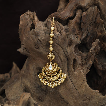 Bridal Floral Chain Antique Tikka With Ornamental Pendant Design