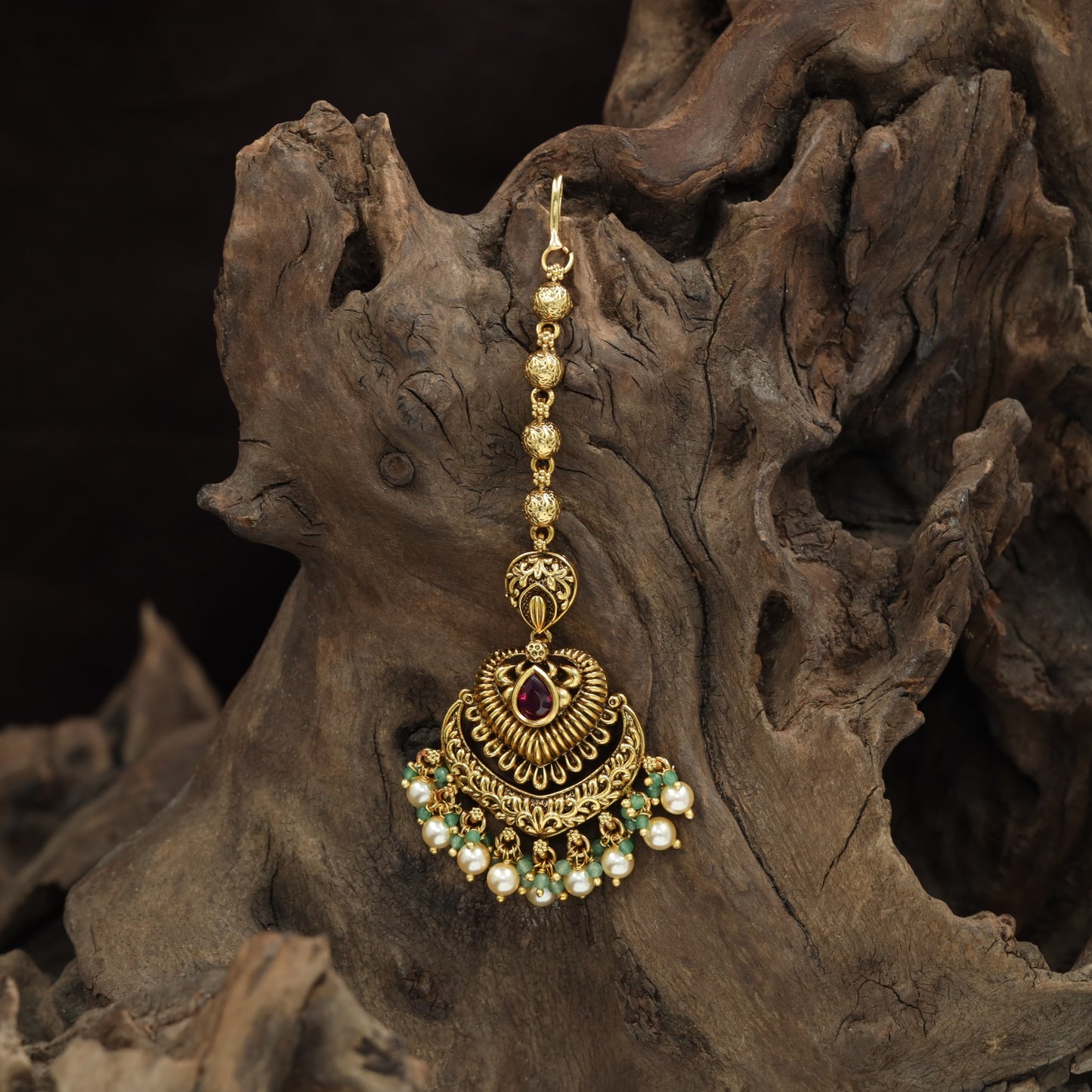 Bridal Floral Chain Antique Tikka With Ornamental Pendant Design