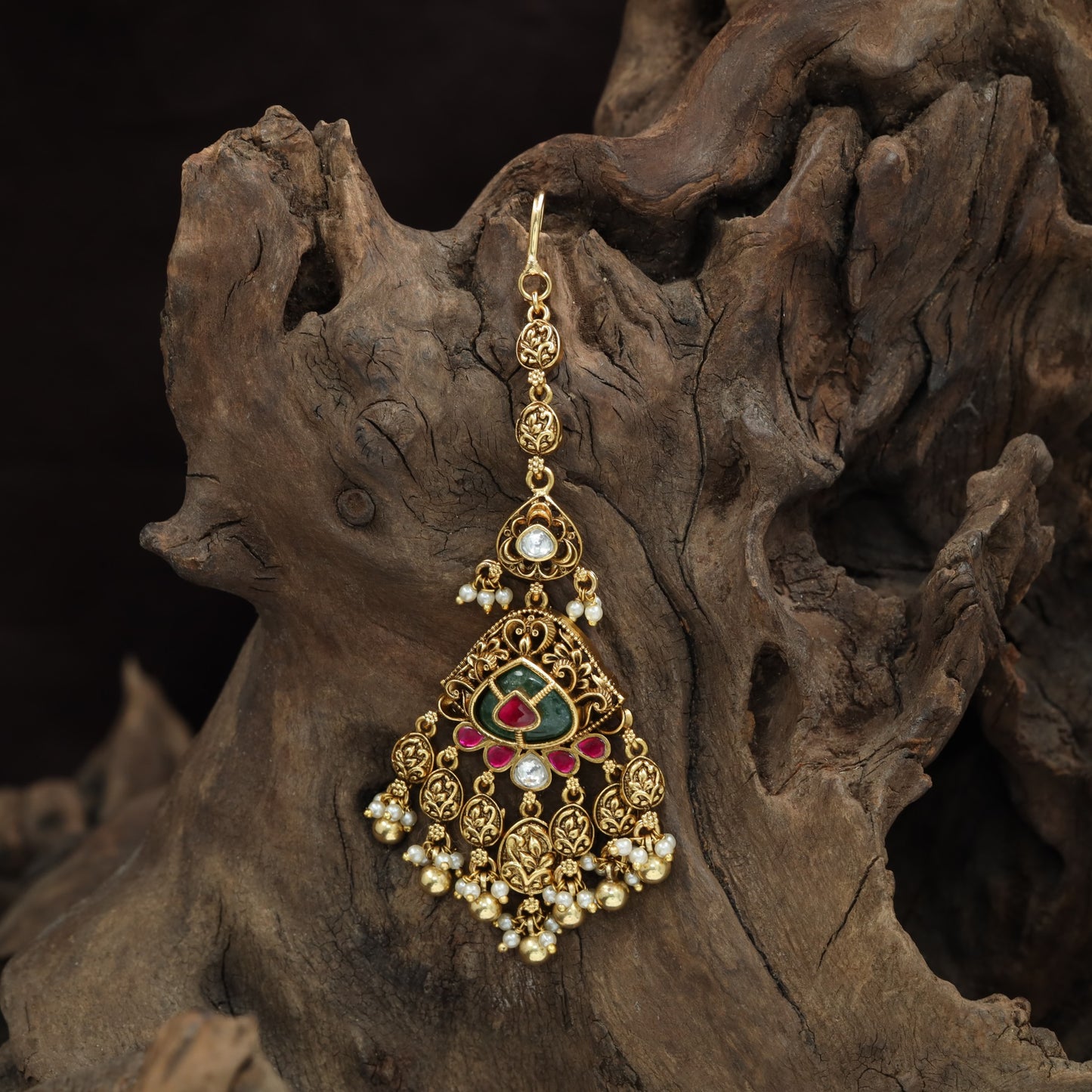 Royal Ornamental Panel Antique Tikka With Cascading Pearl Drops