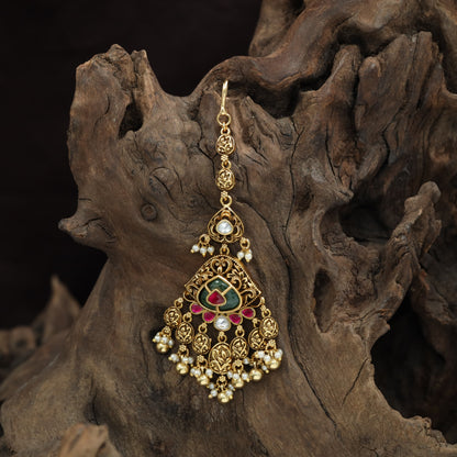 Royal Ornamental Panel Antique Tikka With Cascading Pearl Drops