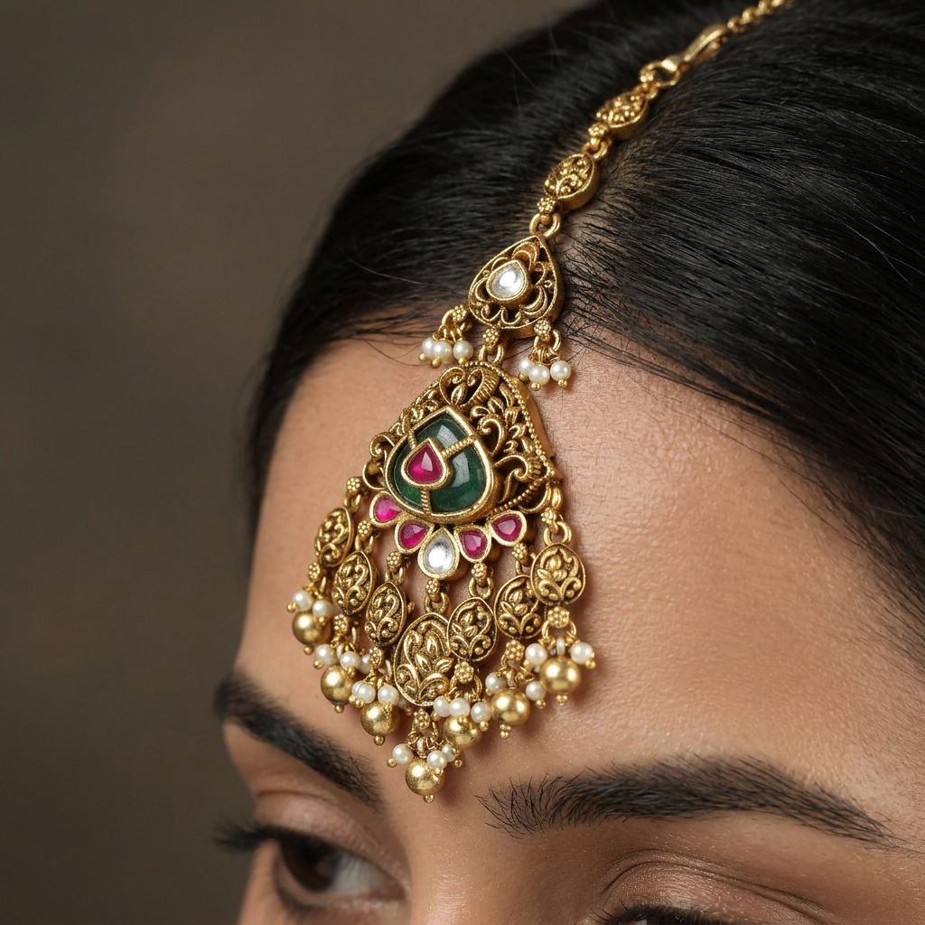 Royal Ornamental Panel Antique Tikka With Cascading Pearl Drops