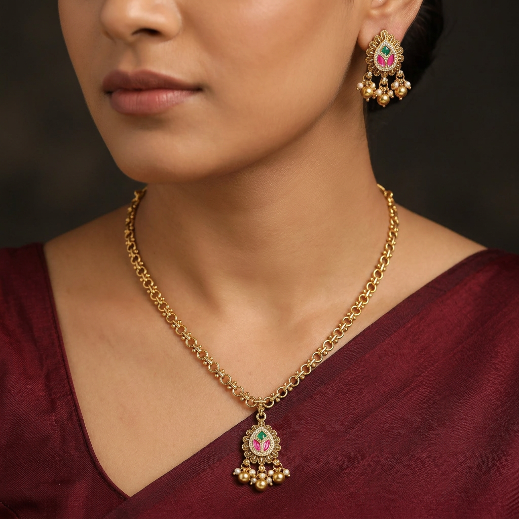 Jadau Necklace Chain With Floral Pendant And Fringe Styling