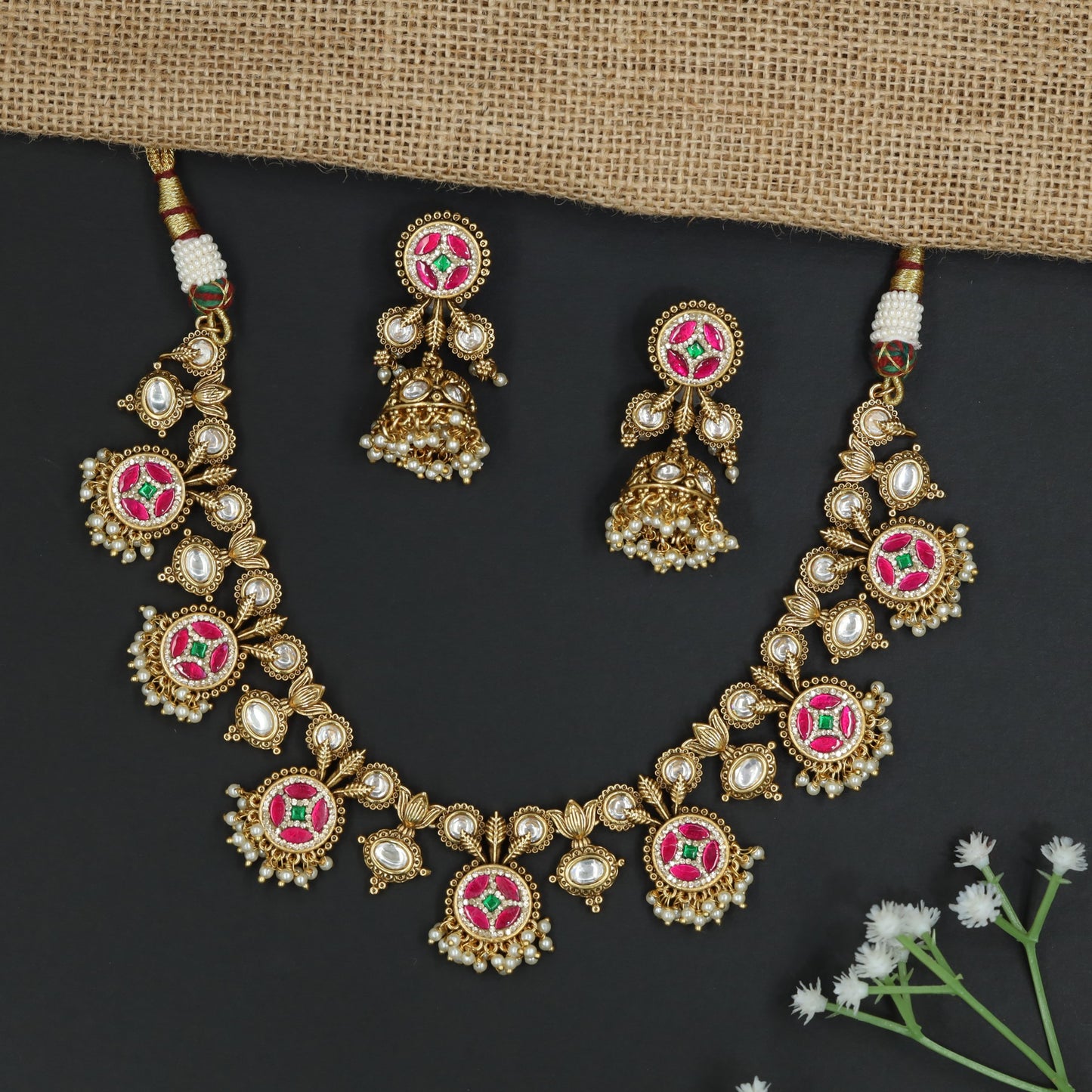 Designer Floral Pendant Jadau Necklace With Earring Set