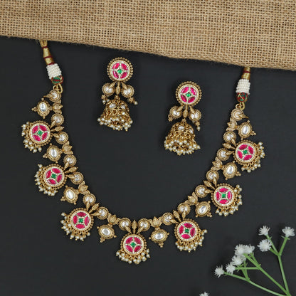 Designer Floral Pendant Jadau Necklace With Earring Set