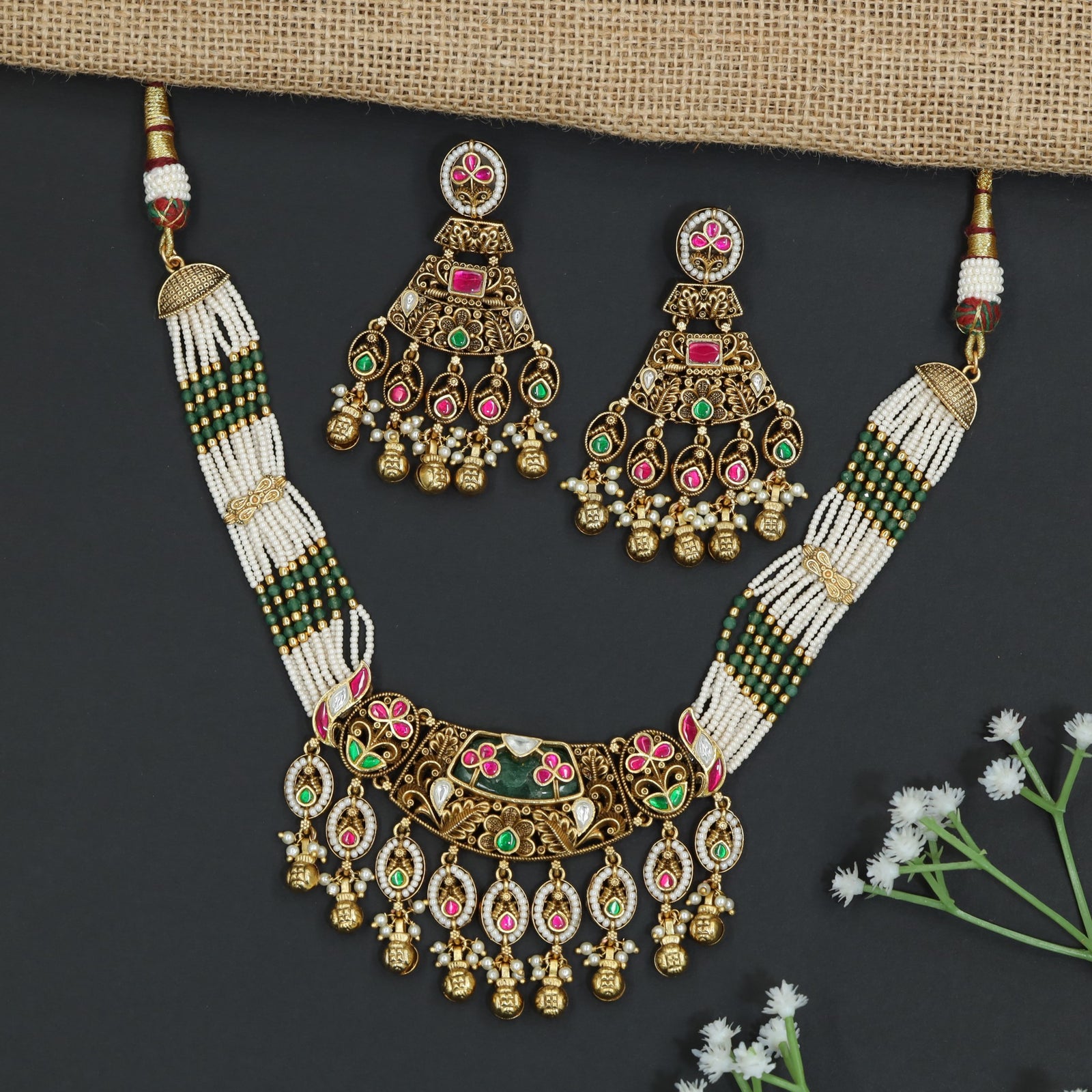 Antique Necklace Set With Decorative Floral Border Detailing