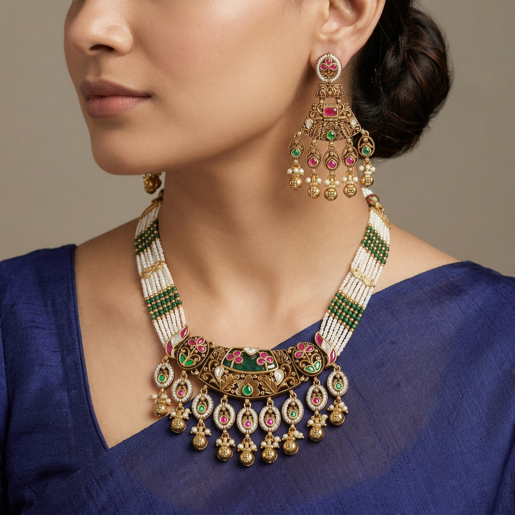 Antique Necklace Set With Decorative Floral Border Detailing