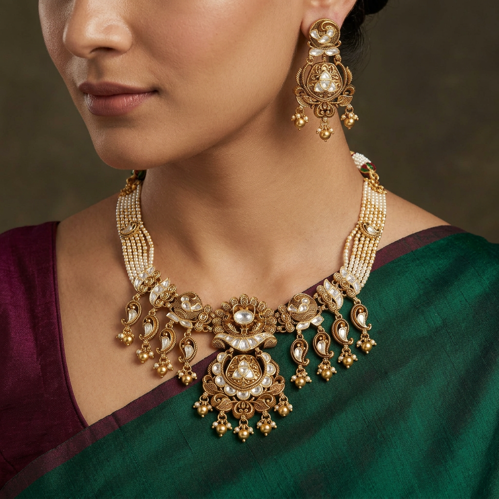 Kundan Pearl Necklace With Paisley Drop Pendant Detailing
