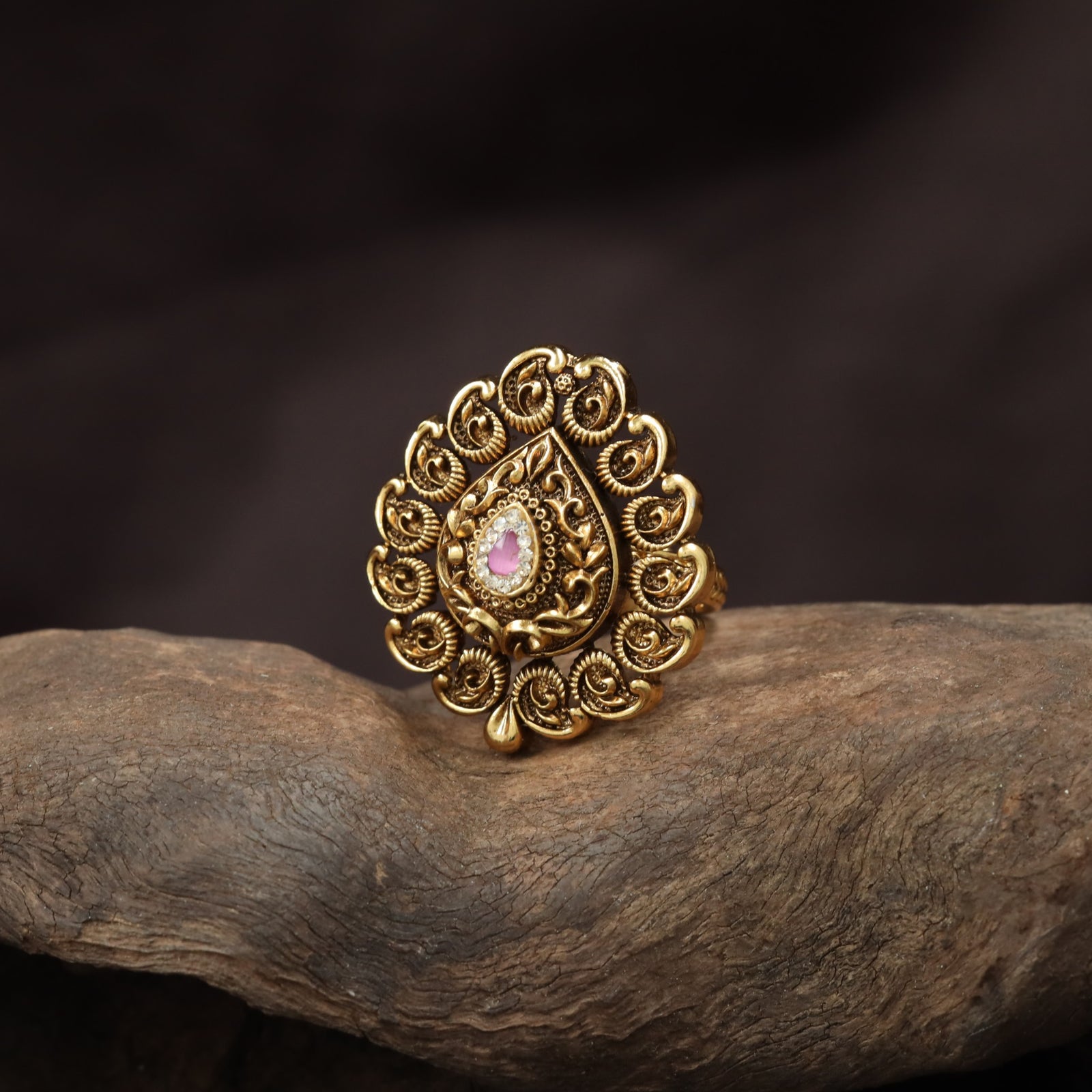 Traditional Teardrop Centre Antique Finger Ring With Curved Scroll Detailing